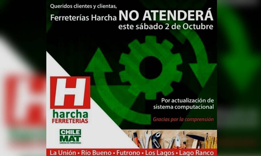 Ferretería Harcha mantendrá sus sucursales cerradas este sábado 2 de octubre 
